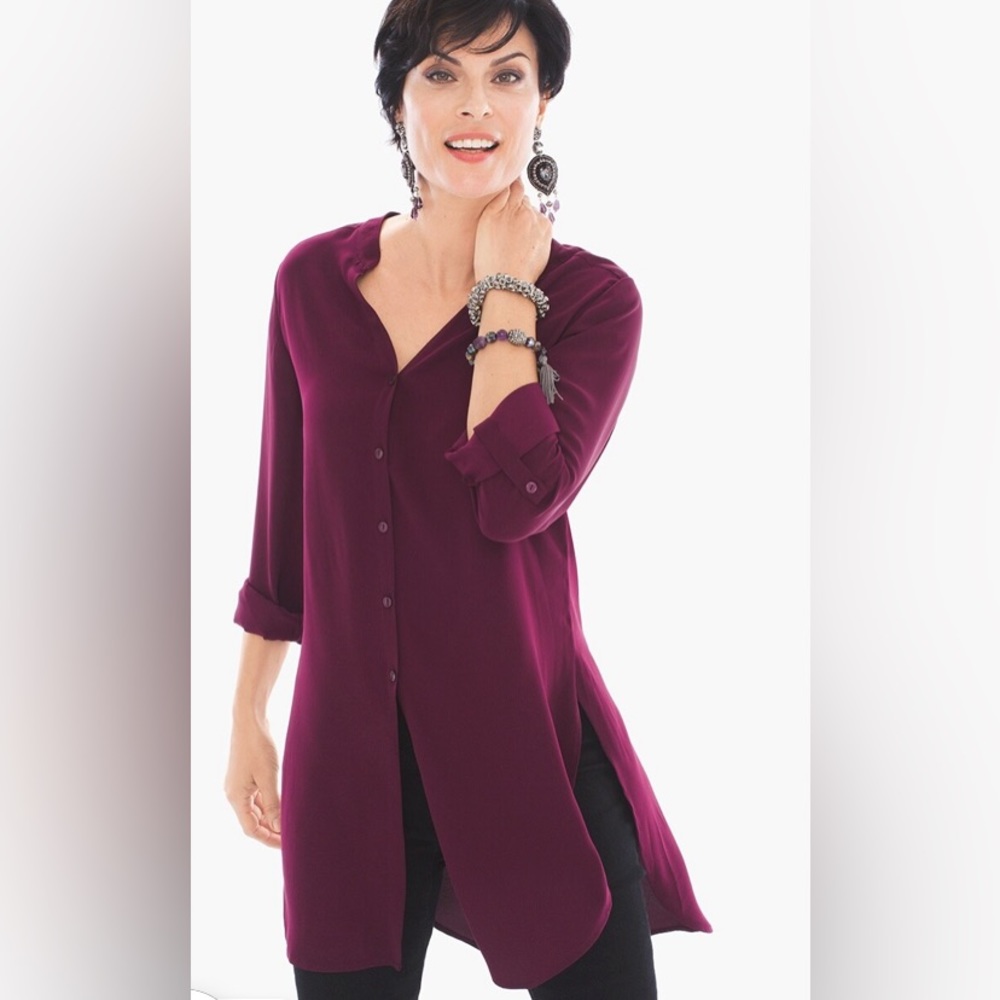Chicos Plum Burgundy Button Front Longline Tunic Side Slit Shirt Womens Size 1 M